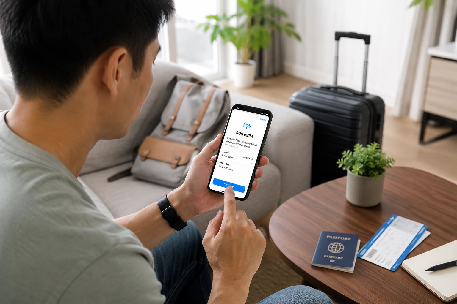 Traveler installing eSIM before an international trip